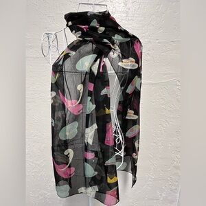 Vintage Black Scarf with Colorful Hat Print - 20” x 72”